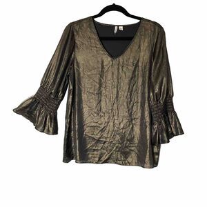 Est 1946 Womens Blouse Top M Shimmery Smocked Ruffle Sleeves Crinkle Whimsigoth